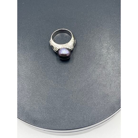 RT Platinum Sterling 12mm Black Cultured Freshwater Pearl Diamond Star Ring 7.25 - Picture 12 of 12